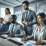 Grupo de profesionales analizando datos en una oficina moderna con pantallas digitales.