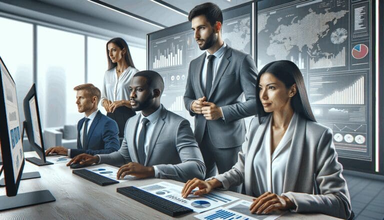 Grupo de profesionales analizando datos en una oficina moderna con pantallas digitales.