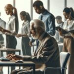 Primer plano de una persona mayor atendiendo una computadora en un entorno moderno de oficina, rodeado de jóvenes emprendedores.