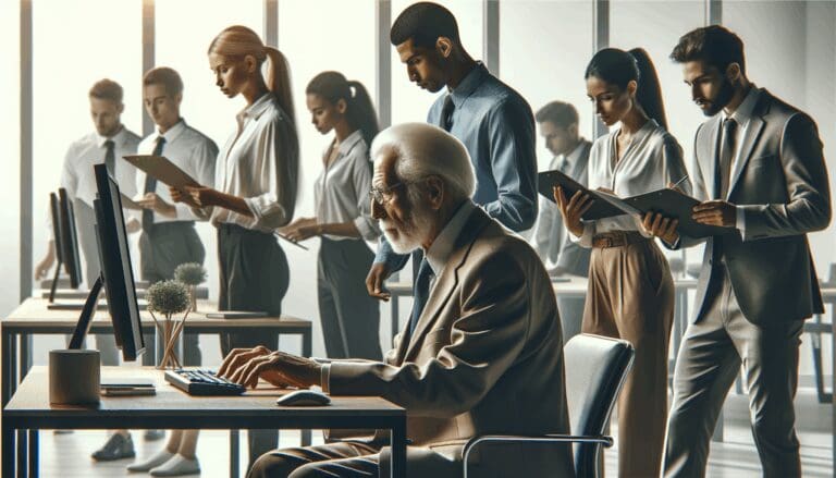 Primer plano de una persona mayor atendiendo una computadora en un entorno moderno de oficina, rodeado de jóvenes emprendedores.