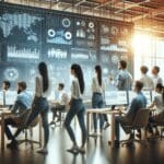 Equipo de jóvenes profesionales colaborando frente a pantallas con gráficos y datos en una oficina moderna.