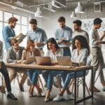 Equipo diverso de jóvenes profesionales colaborando en una sala de coworking moderna, con laptops y pizarras