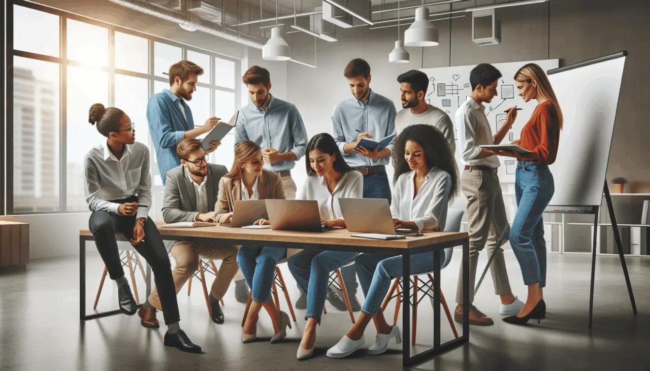Equipo diverso de jóvenes profesionales colaborando en una sala de coworking moderna, con laptops y pizarras