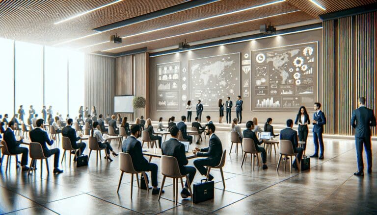 Salón moderno de conferencias con emprendedores en networking y presentaciones tecnológicas.