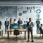 Emprendedores reunidos en un moderno espacio de coworking, rodeados de computadoras y gráficos financieros.