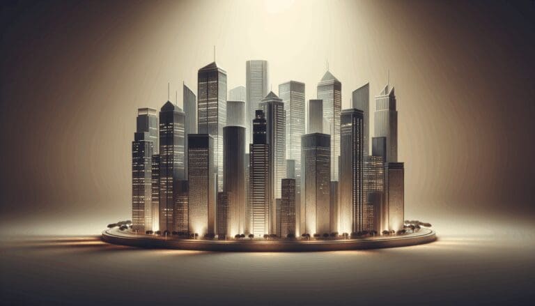 Conjunto de rascacielos modernos iluminados al atardecer