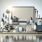 Equipos de laboratorio modernos con productos cosméticos y dispositivos electrónicos en una mesa de trabajo bien iluminada.