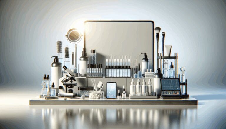 Equipos de laboratorio modernos con productos cosméticos y dispositivos electrónicos en una mesa de trabajo bien iluminada.