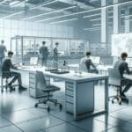 Laboratorio moderno con ingenieros trabajando en prototipos tecnológicos sobre mesas blancas.