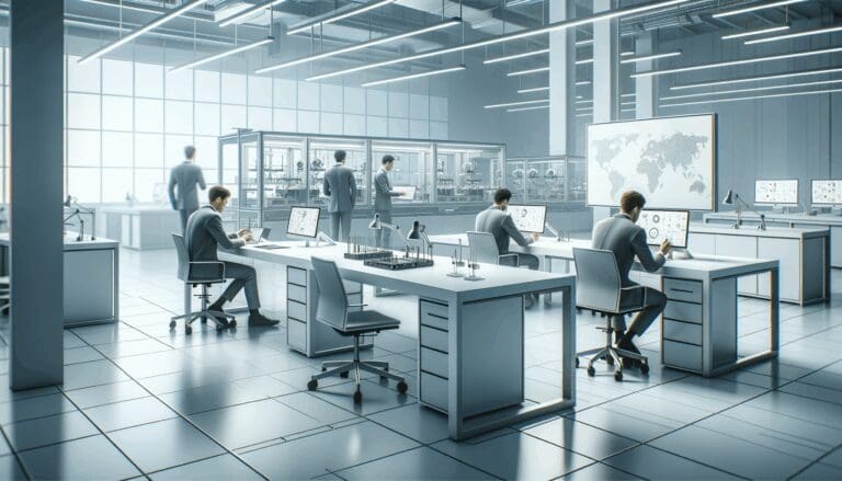 Laboratorio moderno con ingenieros trabajando en prototipos tecnológicos sobre mesas blancas.