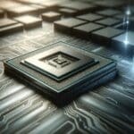 Procesadores de alta tecnología sobre una mesa con un fondo difuminado de datos digitales.