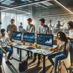 Jóvenes emprendedores colaborando en un moderno espacio de coworking, rodeados de computadoras y gráficos financieros en pantallas.