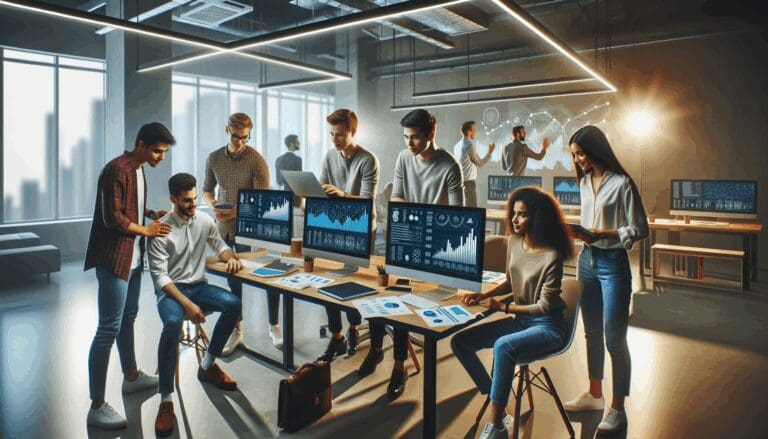 Jóvenes emprendedores colaborando en un moderno espacio de coworking, rodeados de computadoras y gráficos financieros en pantallas.