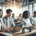 Equipo multicultural trabajando en laptops dentro de una oficina moderna con ambiente tecnológico.