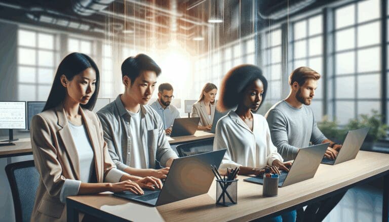 Equipo multicultural trabajando en laptops dentro de una oficina moderna con ambiente tecnológico.