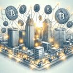 Ilustración moderna de criptomonedas digitales flotando sobre oficinas de startups en una ciudad latinoamericana.