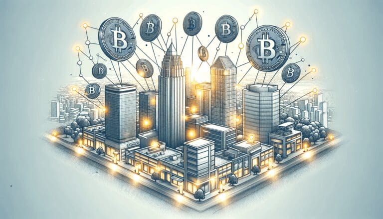 Ilustración moderna de criptomonedas digitales flotando sobre oficinas de startups en una ciudad latinoamericana.