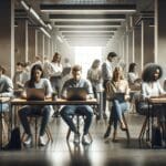 Personas jóvenes trabajando en laptops en un moderno espacio de coworking iluminado y colaborativo.