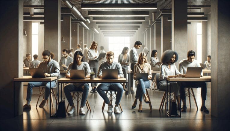 Personas jóvenes trabajando en laptops en un moderno espacio de coworking iluminado y colaborativo.