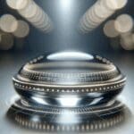 Primer plano de unas lentillas inteligentes futuristas en una superficie iluminada, con fondo desenfocado.