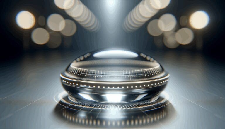 Primer plano de unas lentillas inteligentes futuristas en una superficie iluminada, con fondo desenfocado.