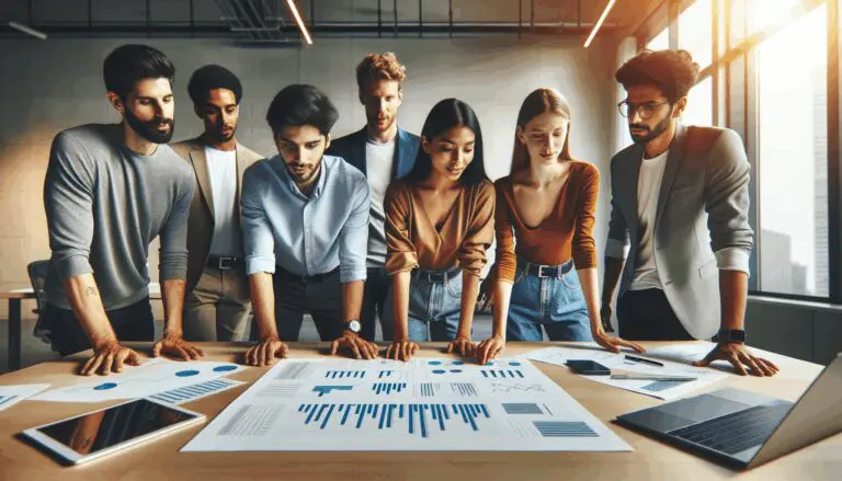 Jóvenes emprendedores revisando gráficos financieros en un espacio de coworking moderno.