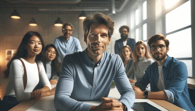 Retrato editorial de Bill Gates en un entorno de oficina moderna, colaborando con jóvenes emprendedores en una sala de reuniones iluminada.