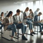 Oficina moderna con personas jóvenes trabajando en laptops y dispositivos móviles, ambiente colaborativo.