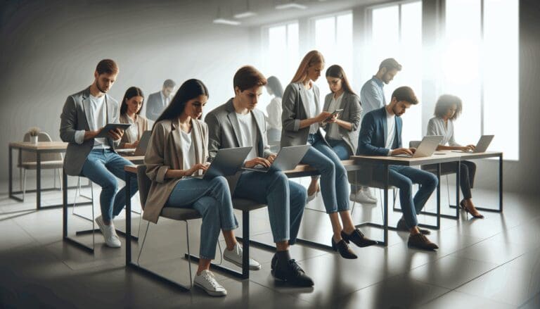 Oficina moderna con personas jóvenes trabajando en laptops y dispositivos móviles, ambiente colaborativo.