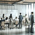 Oficina moderna con emprendedores colaborando frente a pantallas digitales y pizarras.