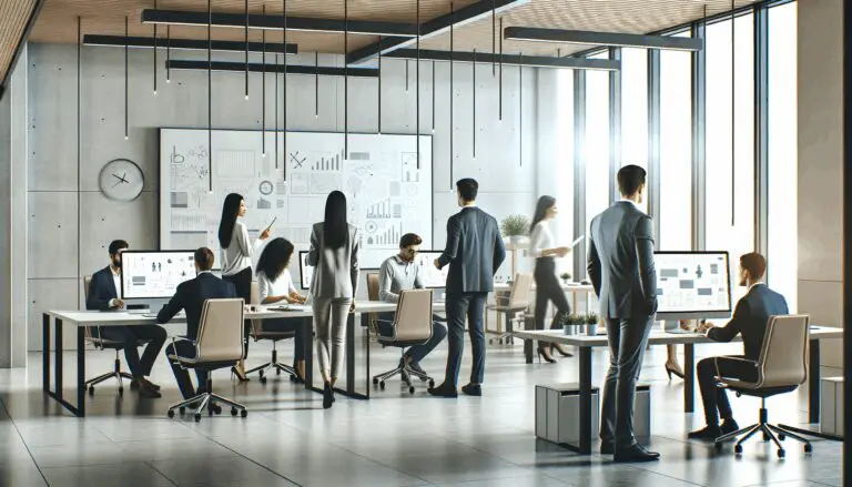 Oficina moderna con emprendedores colaborando frente a pantallas digitales y pizarras.