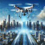 Dron profesional volando sobre ciudad moderna bajo cielo azul, ambiente tecnológico y corporativo.