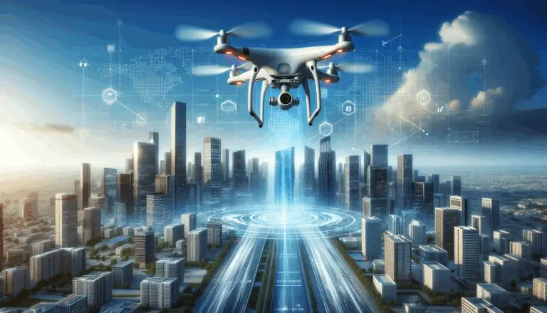 Dron profesional volando sobre ciudad moderna bajo cielo azul, ambiente tecnológico y corporativo.