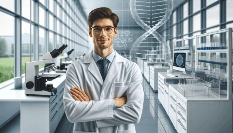 Investigador en laboratorio de biotecnología con equipo moderno.