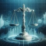 Representación digital de una balanza de la justicia en un entorno tecnológico futurista.