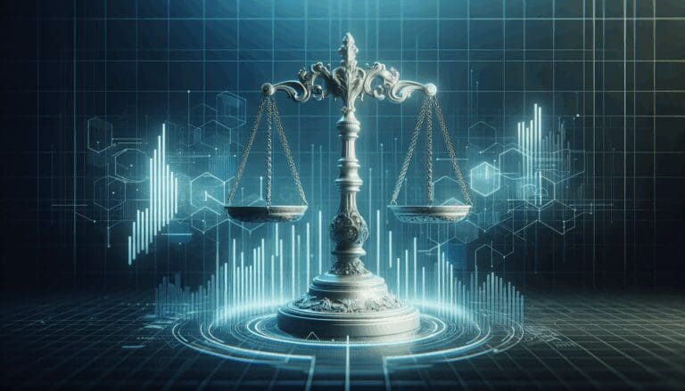 Representación digital de una balanza de la justicia en un entorno tecnológico futurista.