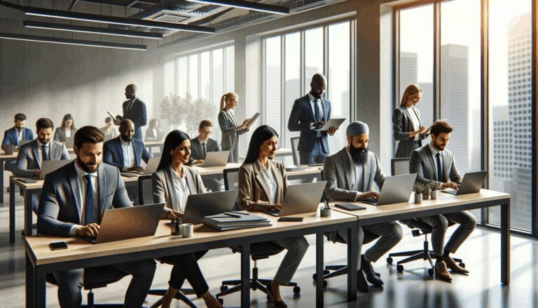 Oficinas modernas con emprendedores colaborando en laptops, ambiente corporativo internacional.