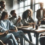 Primer plano de emprendedores colaborando en un espacio de coworking con luz natural y ambiente moderno.