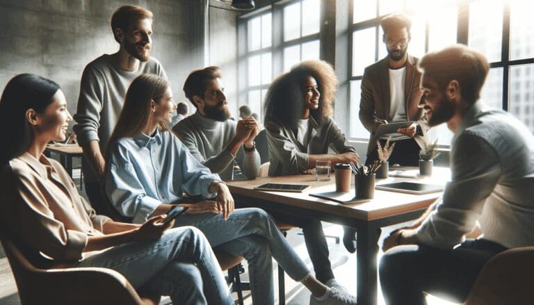 Primer plano de emprendedores colaborando en un espacio de coworking con luz natural y ambiente moderno.