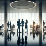 Siluetas de profesionales colaborando en un moderno centro de innovación