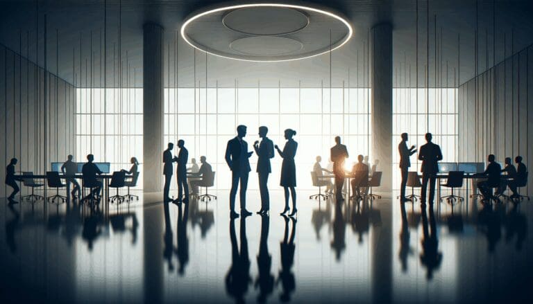 Siluetas de profesionales colaborando en un moderno centro de innovación