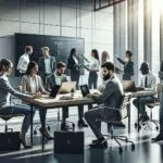 Equipo de emprendedores trabajando juntos en una oficina moderna con laptops y pizarras digitales.