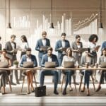 Equipo de inversores y emprendedores reunidos en un moderno espacio coworking, laptops y gráficas de inversión de fondo.