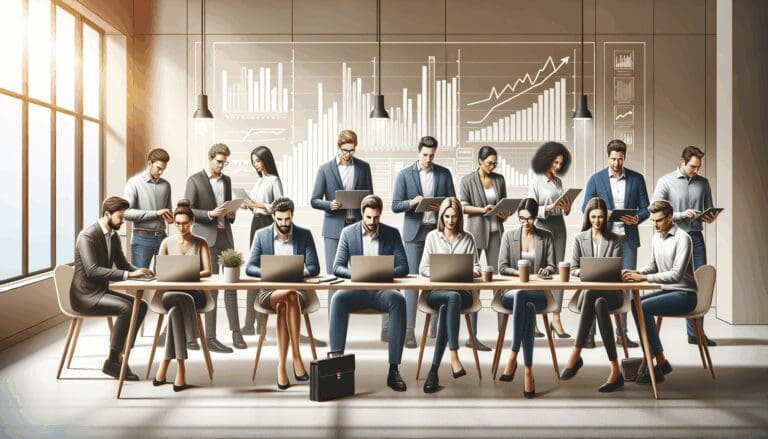 Equipo de inversores y emprendedores reunidos en un moderno espacio coworking, laptops y gráficas de inversión de fondo.