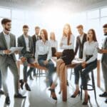 Equipo de jóvenes profesionales colaborando en una oficina moderna y luminosa con ambiente innovador.