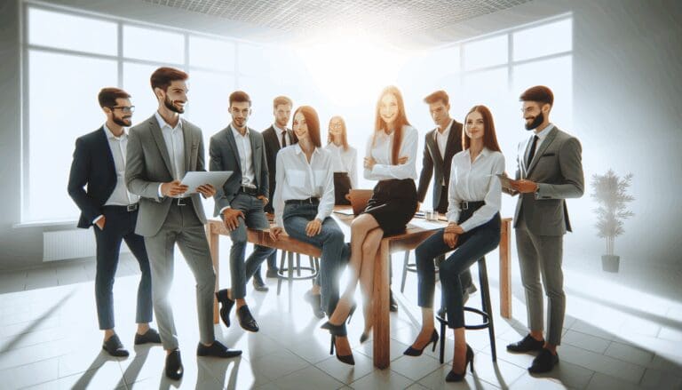 Equipo de jóvenes profesionales colaborando en una oficina moderna y luminosa con ambiente innovador.