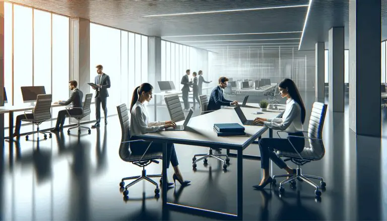 Oficina moderna con profesionales utilizando laptops en un entorno tecnológico iluminado.