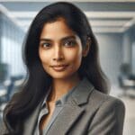 Retrato profesional de una mujer ejecutiva en un entorno tecnológico moderno.