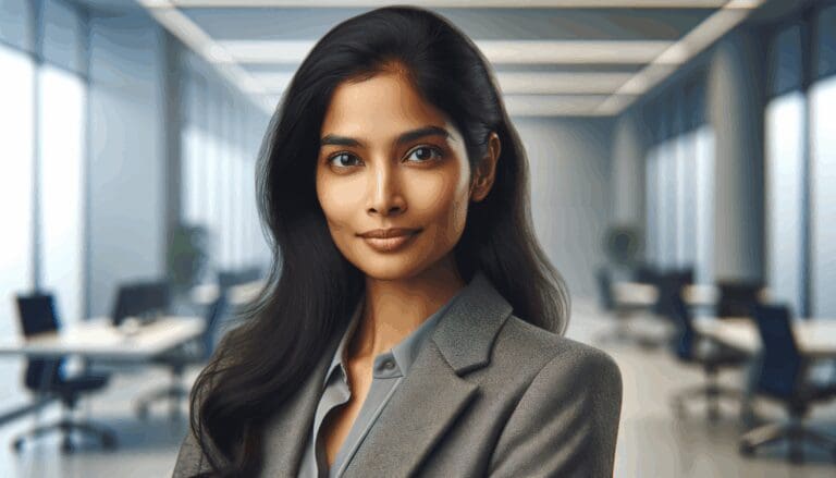 Retrato profesional de una mujer ejecutiva en un entorno tecnológico moderno.