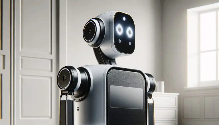 Primer plano de un dispositivo robótico moderno en un entorno doméstico minimalista.